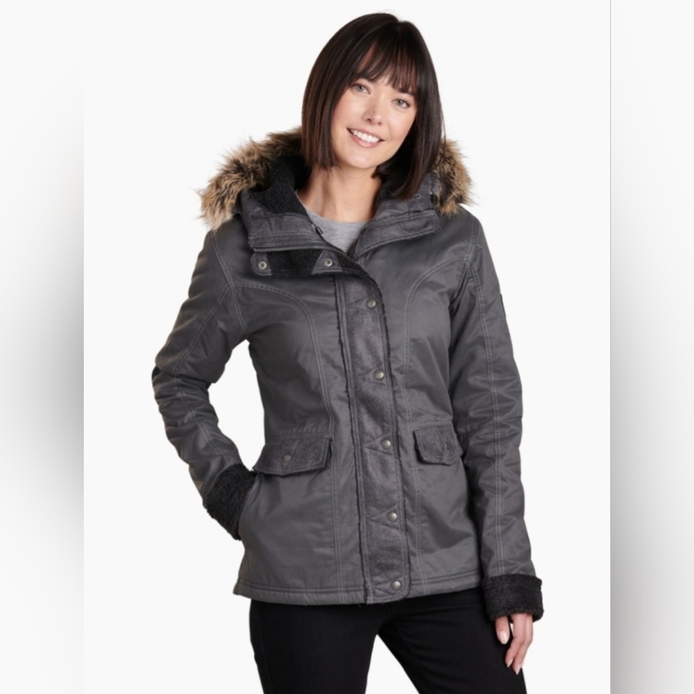 Kuhl Arktik Jacket Gray Carbon Shearling Fleece Lined Waxed Hood Coat Size Small